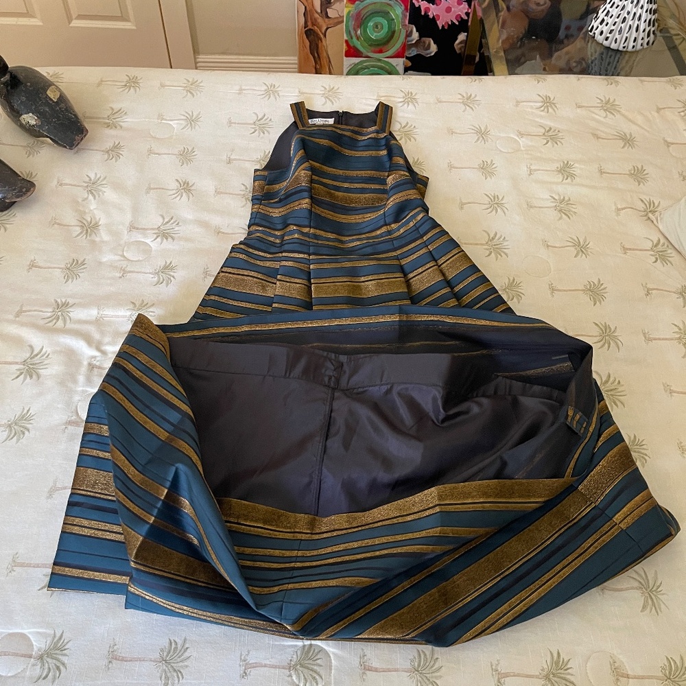 Kay Unger Navy and Gold Striped Halter Wedding Guest Gown - Picture 9 of 15